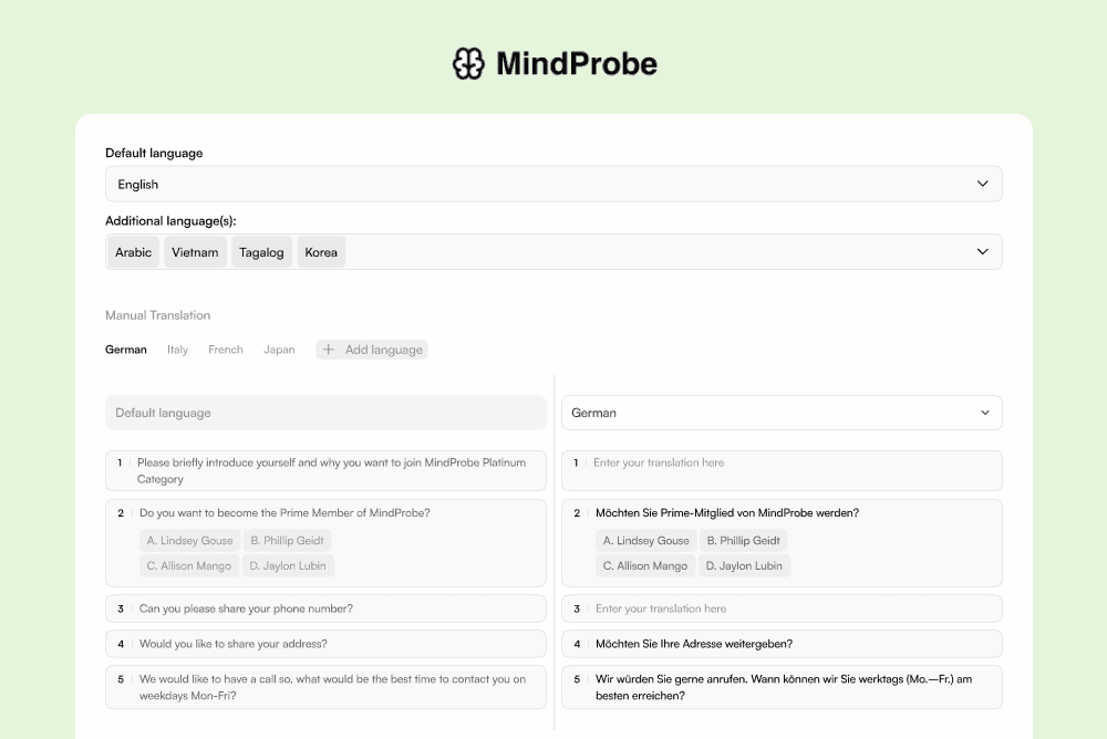 Split mockup: English survey on left, auto-translated Spanish version on right, with locale switcher.