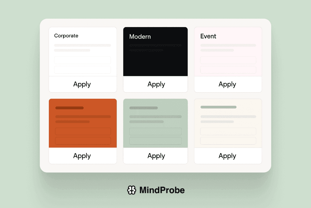 Grid of theme thumbnails labeled by style (“Corporate,” “Modern,” “Event”), with “Apply” buttons