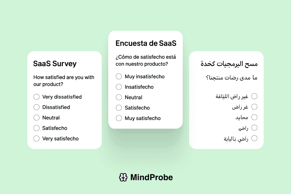 Side-by-side mockups in English, Spanish, and Arabic
